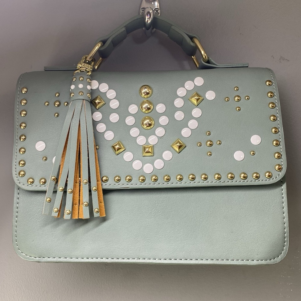 Steve Madden Crossbody Bag Women's Purse Sage Green Vegan Leather Studded Tassel